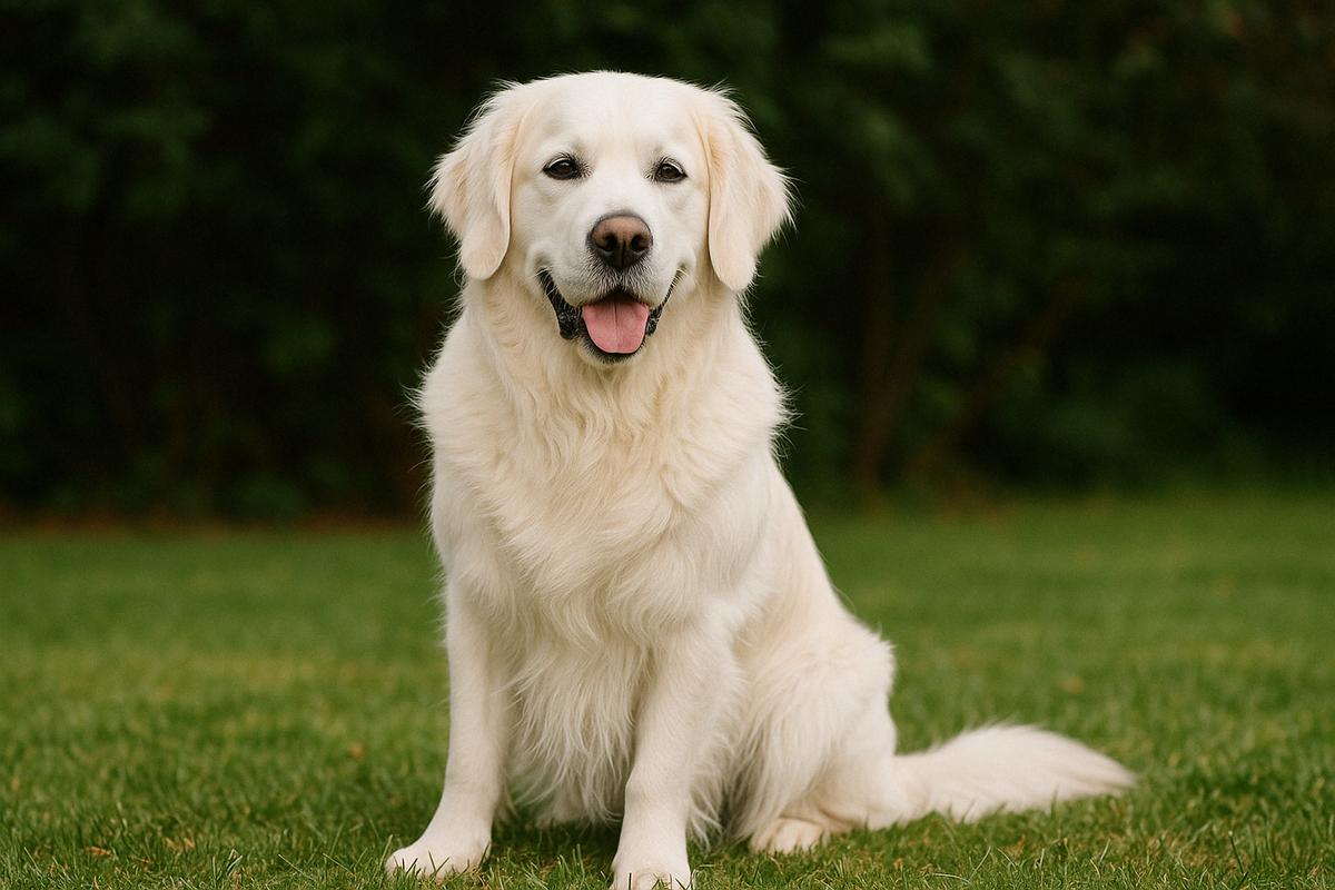 Input photo of a golden retriever sitting on grass