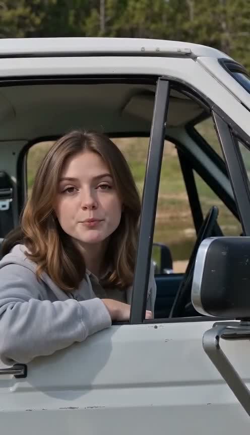 Input photo of a brown-haired woman in a grey hoodie at a car window